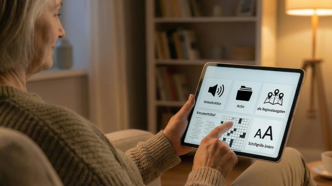 Person liest E-Paper auf Tablet – symbolisiert den digitalen Zeitungskonsum