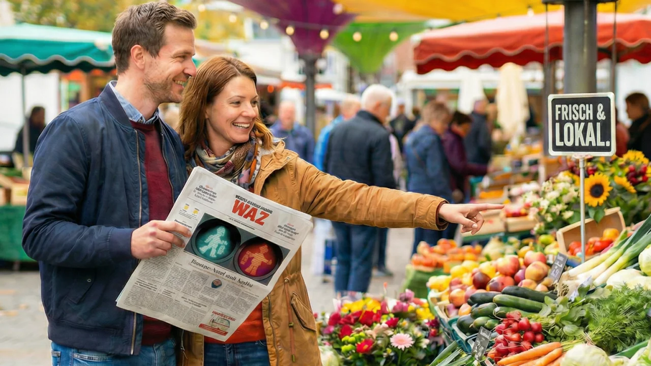 Aufgeschlagene Zeitung auf Küchentisch mit Kaffeetasse und Brille – symbolisiert die morgendliche Zeitungslektüre